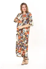 Kadın Büyük Beden Mavi Dokuma Viskon Kumaş Eteği Katlı Kısa Kollu Elbise 65N37868