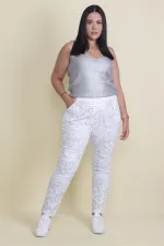 Kadın Beyaz Lak Desenli Bel Lastikli Cepli Pantolon 65N17892