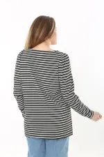 Kadın Büyük Beden Siyah Omuz Büzgülü Bisiklet Yakalı Çizgili Bluz 65N37524