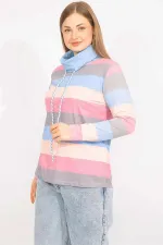 Kadın Renkli Büyük Beden Pamuklu Kumaş Yaka Detaylı Renkli Bluz 65N35558