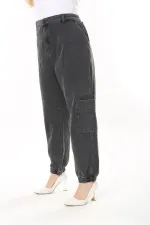 Kadın Büyük Beden Füme Kargo Cepli Paçası Lastik Detaylı Kot Pantolon 65N38028