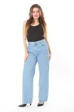 Kadın Büyük Beden Mavi Yırtık Detaylı Yüksek Bel Kot Pantolon 65N38076