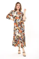 Kadın Büyük Beden Mavi Dokuma Viskon Kumaş Eteği Katlı Kısa Kollu Elbise 65N37868