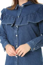 Kadın Büyük Beden Lacivert Volan Detaylı Ön Düğmeli Kot Tunik 65N37891