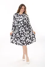 Kadın Büyük Beden Siyah Ön Pat Fermuarlı Beli Tünel Bağcıklı Kapri Kollu Elbise 65N37623