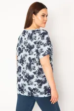 KADIN MAVİ PAMUKLU KUMAŞ NERVÜR DİKİŞLİ PATI DÜĞMELİ BLUZ