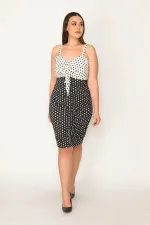 KADIN SİYAH BÜZGÜ DETAYLI PUAN DESEN ASKILI ELBİSE