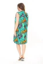 Kadın Büyük Beden Yeşil V Yakalı Desenli Kolsuz Elbise 65N37886