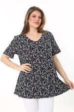 Kadın Büyük Beden Lacivert V Yakalı Çiçek Desenli Kısa Kol Bluz 65N37900