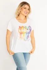 Kadın Beyaz Ön Baskılı Kolları Ribanalı Bluz 65N34715