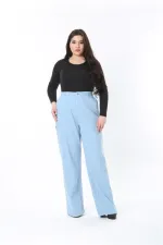 Kadın Büyük Beden Mavi Yüksek Bel Kargo Cepli Geniş Paçalı Kot Pantolon 65N38896