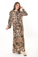 Kadın Kahve Dokuma Viskon Kumaş Eteği Katlı Uzun Kollu Elbise 65N37867