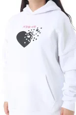 Women's Plus Size White Polar Fleece Print and Hooded Detailed Sweatshirt 65N38623