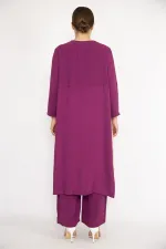 Kadın Büyük Beden İndigo Hırka İç Bluz Ve Pantolon Üçlü Takım