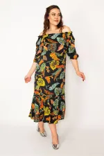 Kadın Renkli Yaka Lastikli Etek Ucu Katlı Dokuma Viskon Kumaş Elbise 65N33188