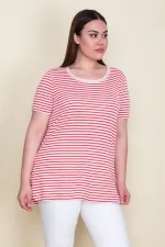 Kadın Kırmızı Yakası Tül Detaylı Simli Çizgili Bluz 65N25649