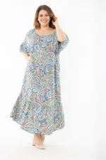 Kadın Büyük Beden Renkli Yaka Lastikli Dokuma Viskon Kumaş Katlı Elbise 65N37349