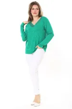 Kadın Büyük Beden Saks V Yakalı Taş Detaylı Uzun Kollu Bluz 65N37153