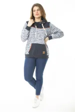 Kadın Büyük Beden Kuşgözü Bağcık Ve Süs Düğme Detaylı Kanguru Cepli Dik Yaka Sweatshirt 65N37122