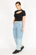 Kadın Mavi Büyük Beden Yıkama Efektli Ön Düğmeli 5 Cepli Kot Pantolon