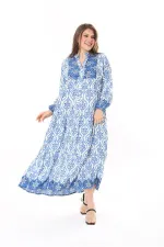 Kadın Büyük Beden Mavi Dokuma Viskon Kumaş Ön Düğmeli Uzun Elbise 65N37860