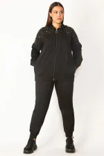 Ensemble sweat-shirt et pantalon à capuche avec fermeture éclair sur le devant et détails en pierre pour femme, noir