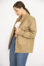 Women's Camel Plus Size Front Zippered Pocket Detailed Unlined Coat