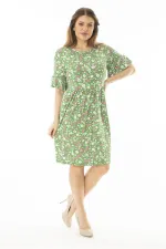 Kadın Büyük Beden Yeşil Kol Ağzı Volanlı Belden Büzgülü Çiçek Desenli Elbise 65N37079