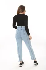 Kadın Büyük Beden Mavi Kup Dikiş Detaylı Likralı 5 Cep Kot Pantolon 65N37641