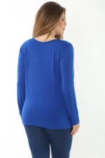 Kadın Büyük Beden Saks V Yakalı Taş Detaylı Uzun Kollu Bluz 65N37153