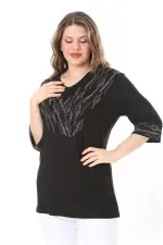 Kadın Büyük Beden Siyah Taş Detaylı Bluz     65N37976