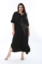 Kadın Büyük Beden Siyah Rahat Kesim Taş Detaylı Elbise 65N38202