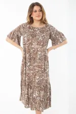 Kadın Büyük Beden Renkli Yaka Lastikli Dokuma Viskon Kumaş Katlı Elbise 65N37349