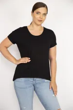 Kadın Siyah Büyük Beden Bisiklet Yakalı Kısa Kollu Arkası Uzun Bluz