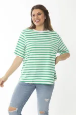 Kadın Büyük Beden Yeşil Bisiklet Yakalı Çizgili Bluz 65N37022