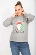 Kadın Gri İnci Ve Baskı Detaylı Yumoş Kumaş Bluz 65N35497