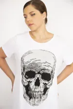 Kadın Büyük Beden Beyaz Taş İşli Bisiklet Yakalı Likralı Bluz