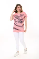 Kadın Büyük Beden Lacivert Bisiklet Yakalı Ön Desenli Kısa Kollu Bluz 65N37639