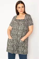 KADIN SİYAH YAKASI GİPE LASTİK VE CEP DETAYLI TUNİK