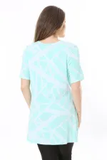 Kadın Büyük Beden Yeşil Bisiklet Yakalı Kısa Kollu Çizgili Tunik 65N37851