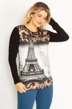 Kadın Siyah Omuz Robası Dantel Taş Ve Baskı Detaylı Tunik 65N34682