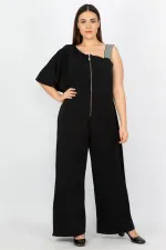 Kadın Büyük Beden Siyah Payet Ve Fermuar Detaylı Tulum 65N37442