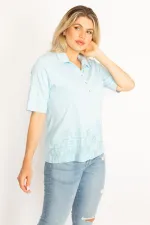 Kadın Haki Polo Yaka Pat Düğmeli Sim Ve Taş Detaylı Bluz 65N34521