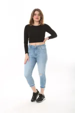 Kadın Büyük Beden Mavi Yırtık Detaylı 5 Cep Likralı Kot Pantolon 65N37601