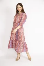 WOMEN'S COLORFUL COLLAR DRESS WITH FRILLED FRONT PLACE, ORNAMENTAL BUTTONS, WAIST AND ARM EMBROIDERY DETAILED