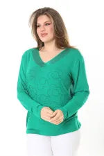 Kadın Büyük Beden Saks V Yakalı Taş Detaylı Uzun Kollu Bluz 65N37153