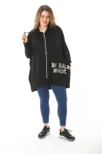 Women's Plus Size Black Front Lacquered Printed Hooded Casual Cut Sweatshirt 65N37118