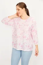 Kadın Pembe Büyük Beden Bisiklet Yakalı Desenli Bluz