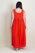 KADIN NAR PİLİSE DETAYLI ASTARLI UZUN KOLSUZ ELBİSE