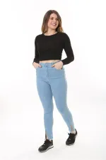 Kadın Büyük Beden Mavi Yüksek Bel Yırtmaçlı Dar Paça Likralı Kot Pantolon 65N37606